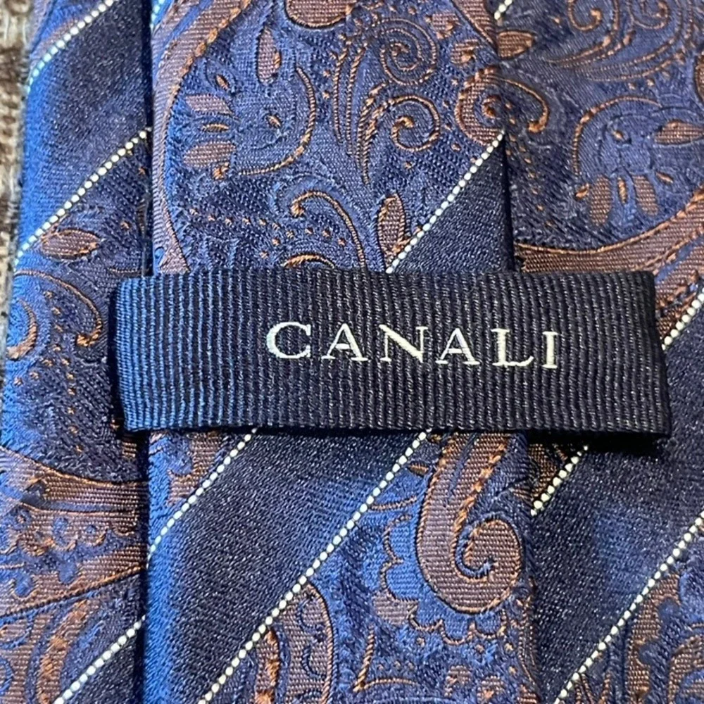 Canali Necktie Mens Navy Blue Repp Paisley Striped Silk Italy Office Wedding